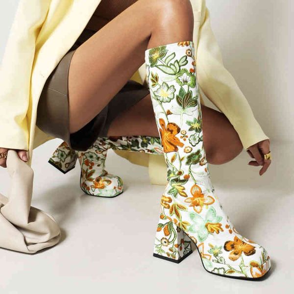 

boots ochanmeb beautiful print flower kneehigh winter women brand designer floral chunky block heels long riding boot party shoe 9ru1, Black