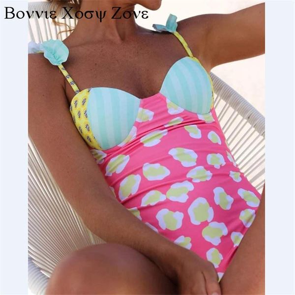 

women summer floral print dot patchwork strappy skinny one-piece swimwear