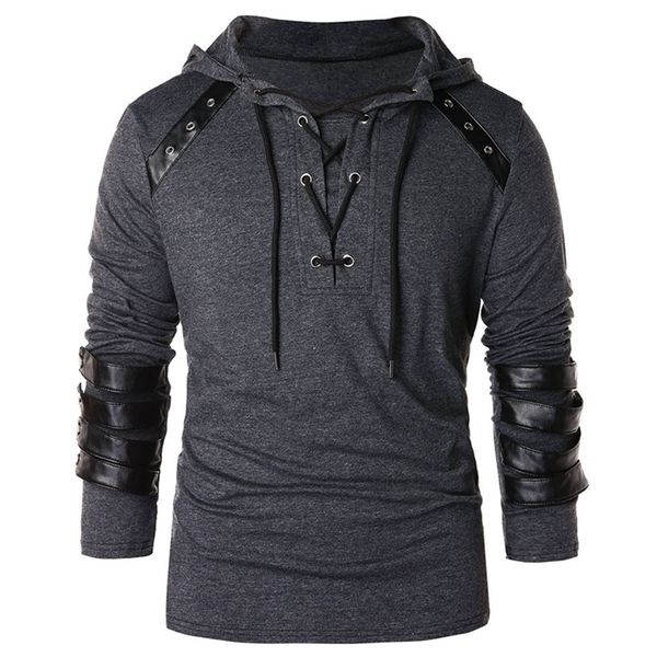 Erkekler Hoodie Artı Boyutu Punk PU Deri Uzun Kollu Lace Up Siyah Mavi Streetwear Gotik Rahat Kapüşonlu Kazak Bahar 201103 Tops