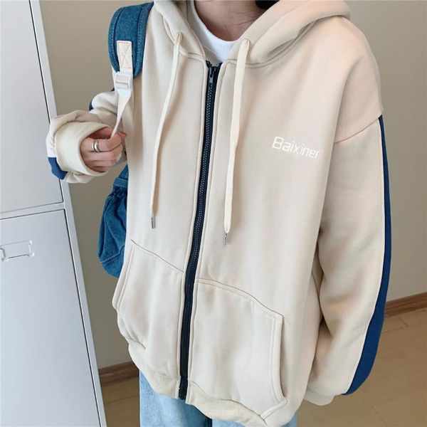 

women's hoodies & sweatshirts zip-up jacket women sweatshirt apricot letter embroidered loose long sleeve hooded casual coat 2021 winte, Black