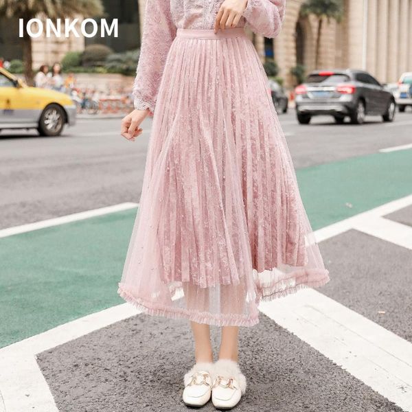 

skirts ionkom vacation beach long tulle skirt women pleated mesh elastic high waist maxi summer weekend casual, Black