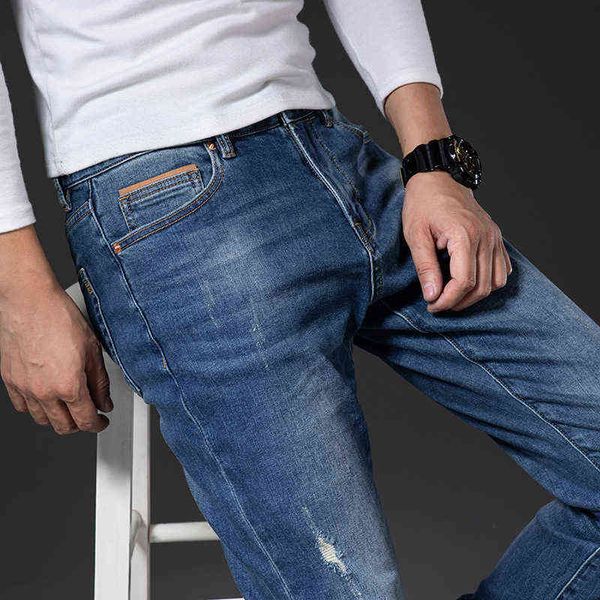 

autumn pants high-grade good quality 2021 slim fit elastic trend men's jeans with hol lycra cotton, Blue