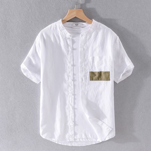 

2021 new casual fashion stand collar short-sleeved retro pure linen shirts for men summer trend shirt mens chemise camisa kqwn, White