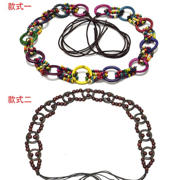 

new multicolor color wooden bead ring hand-made wax rope woven waist chain ethnic style decorative belt, Black;brown