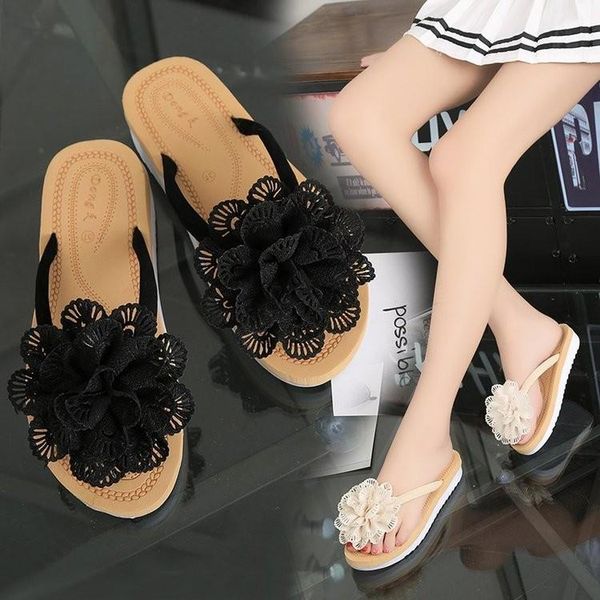 

shoes woman bohemia flat flip flops summer slippers women casual shoes sandalias comfortable slippers with flowered wedge heel, Black