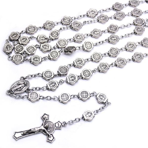 

pendant necklaces vintage silver color saint benedict cspb medal beads chain rosary prayer christ church catholic jesus cross necklace