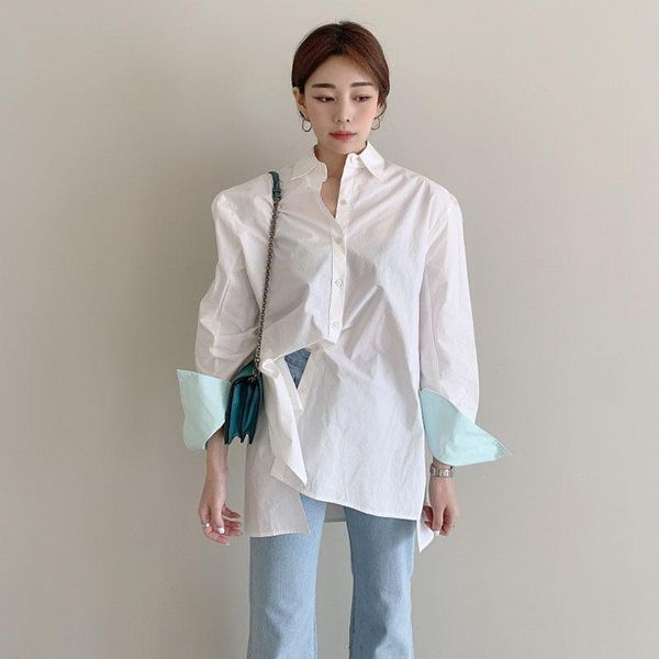 

women's blouses & shirts spring autumn korean lapel single-breasted contrast color long-sleeved loose slit irregular ll385, White