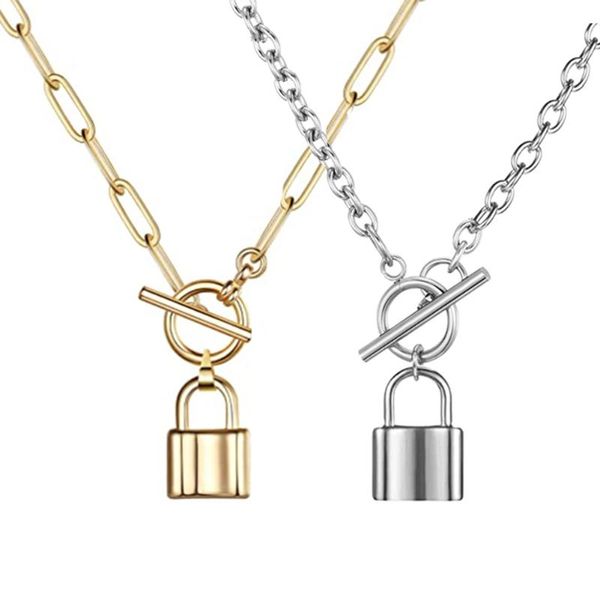

charms drop padlock lock pendant chain necklace for women men stainless steel paperclip necklaces jewelry gifts, Bronze;silver