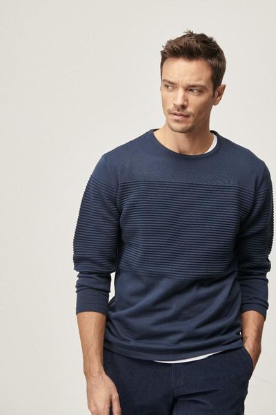 

men's navy blue standard fit crew neck patterned knitwear sweater, Black;white