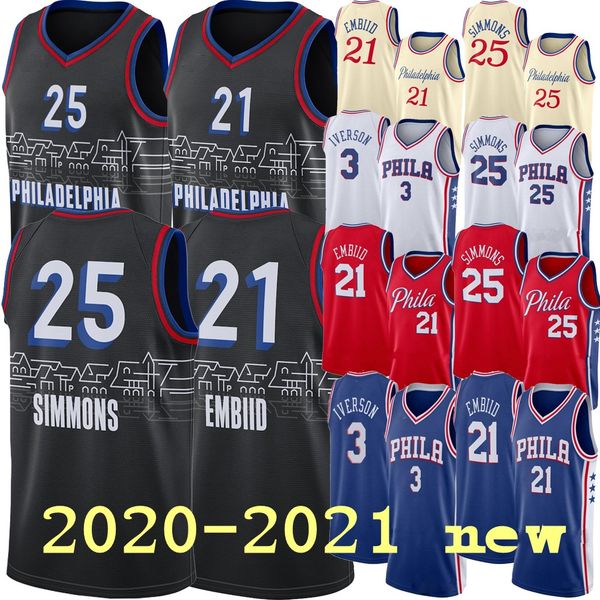 

2021 new joel 21 embiid mens ben 25 simmons allen 3 iverson julius 6 erving city basketball jersey, Black;red
