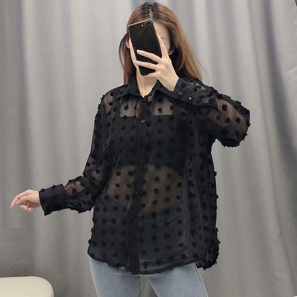 

women's blouses & shirts summer black white chiffon see through long sleeve elegant ladies ol transparent solid top