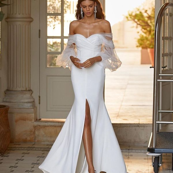 Elegante cetim sereia vestido de casamento frente dividir fora do ombro sheer manga longa vestidos de noiva modesto vestido de novia