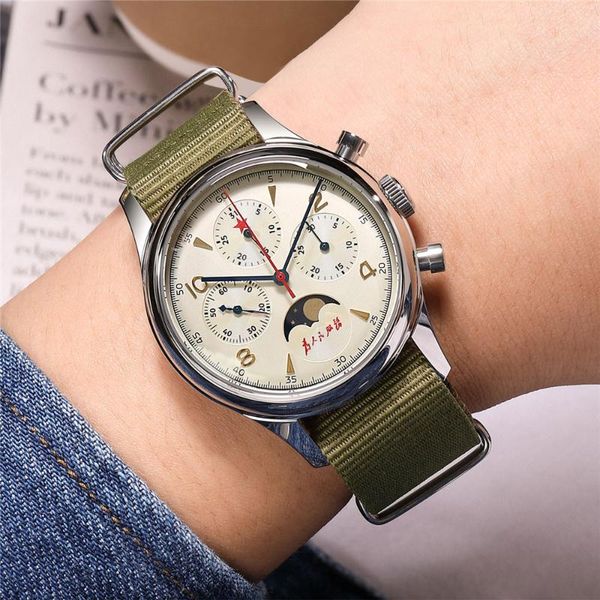 

wristwatches vintage 40mm moon phase seagull 1963 watch seakoss men's chronograph st1908 movement calendar mechanical hand winding watc, Slivery;brown