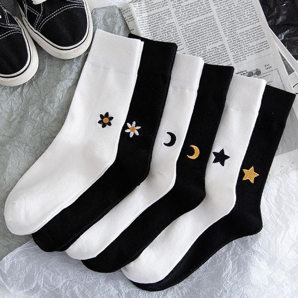 

socks & hosiery solid black white long casual hip hop skateboard crew moon star embroidery harajuku streetwear vintage women's