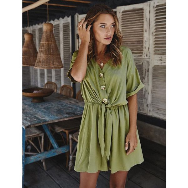 

women's jumpsuits & rompers women solid loose playsuit v-neck button bow jumpsuit casual summer beach holiday elastic waist belt button, Black;white