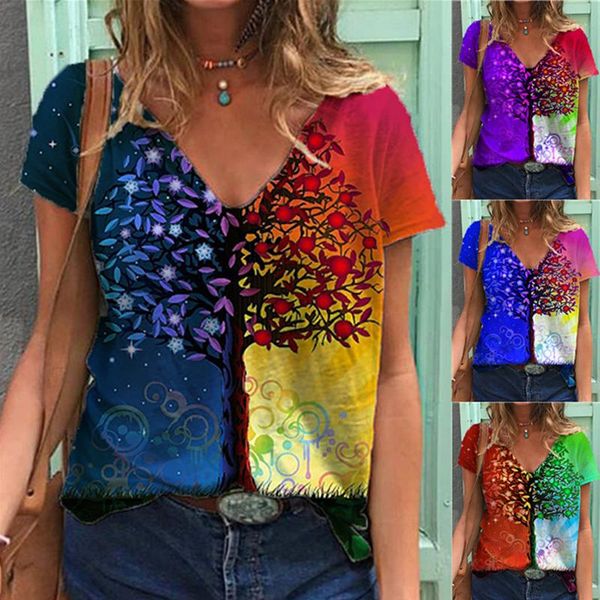

women's t-shirt plant multicolor colorful printing women summer v-neck short-sleeved t-shirtcasual loose pullover ladies, White