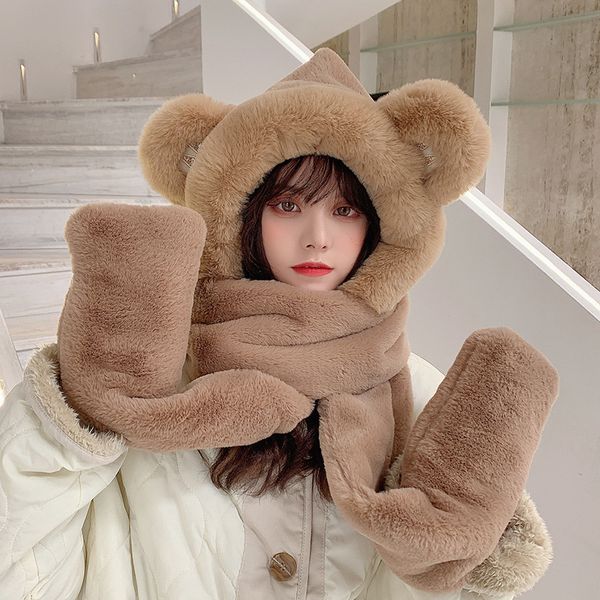 

bear hat warm neck cute girl versatile autumn winter scarf one cycling glove three piece cotton accessories black friday, Blue;gray