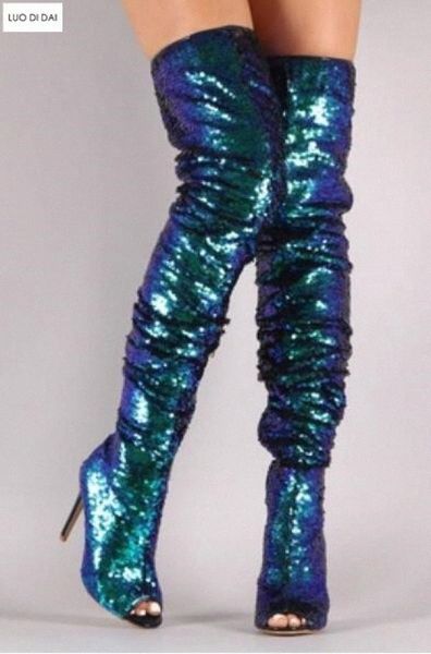 

2019 glitter women boots bling bling sequin booties thin heel over knee high boots ladies party shoes sequin booties women combat boot 59a0#, Black