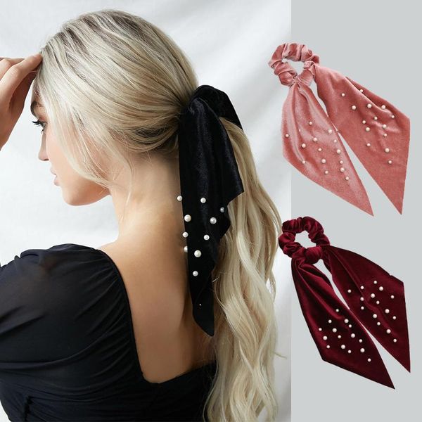 

hair accessories velvet bowknot pearl scrunchie solid color ribbon ears rope rubber bands ponytail holder