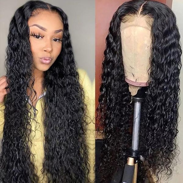 

lace wigs 30 inch water wave wig hd frontal peruvian remy human hair 5x5 transparent 180%, Black;brown