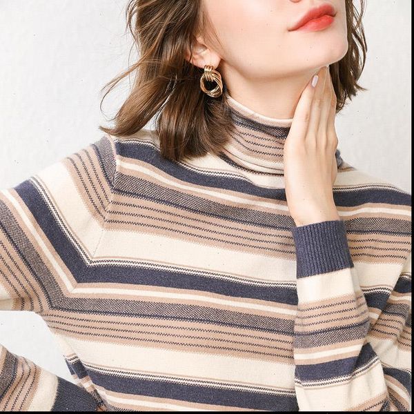 

2021 autumn and winter cashmere sweater pile high collar womens pullover sweater striped slim bottoming shirt loose large size, White;black