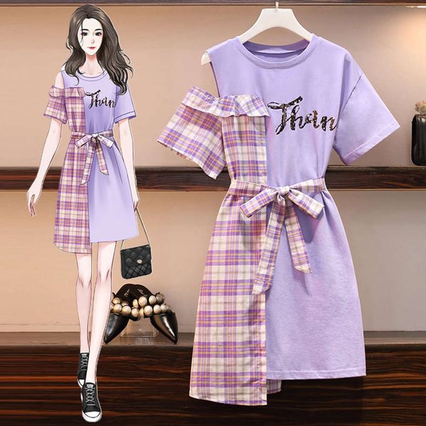 

new large women's summer short sleeve stitching fashion slim waist mid length dress, Black;gray