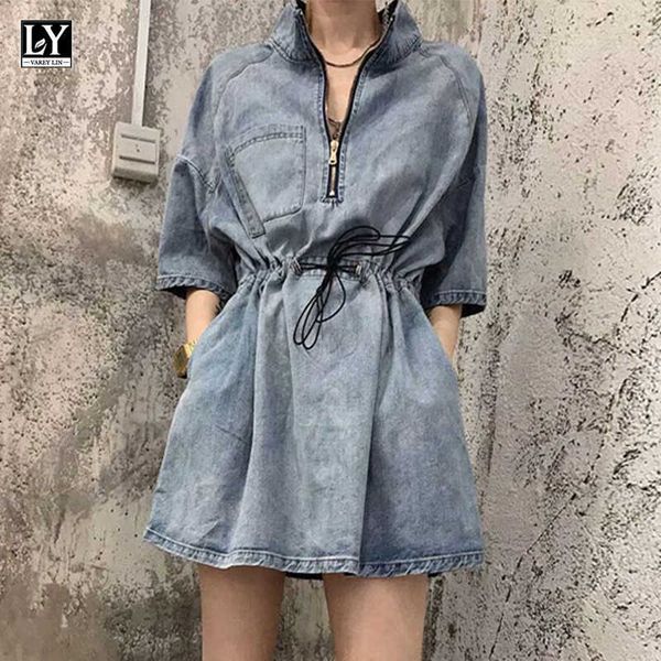 Vara Lin Primavera verão mulheres casual denim vestido moda zíper faixa cordão de colar de cordão ajustável cintura 210526