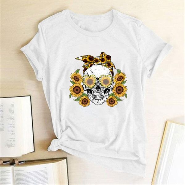 

vogue skull sunflowers print women t shirt summer graphic tees gothic for loose aesthetic clothes ropa mujer, White