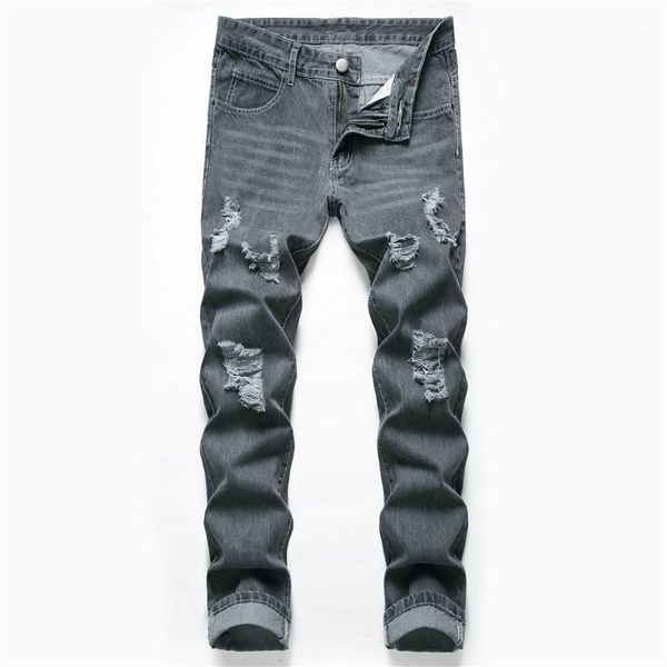 

men's jeans wash slim fit men hole pencil pants casual trousers streetwear 2021 moto biker denim pant, Blue