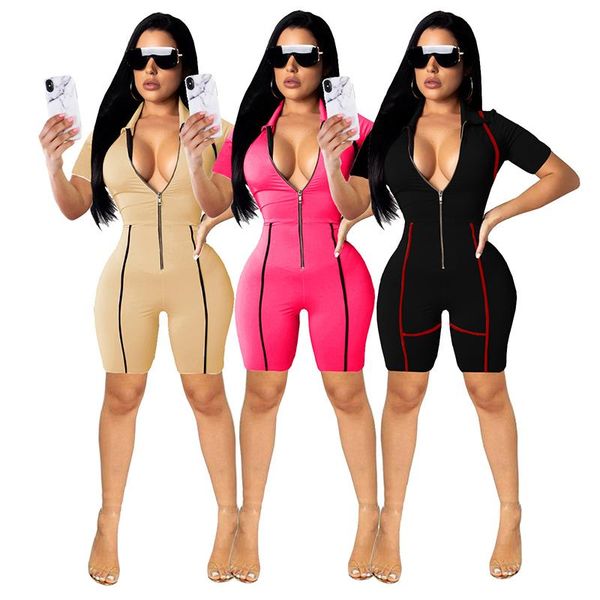 

wantmove 2021 new summer women jumpsuit fashion stripe splice deep v-neck short sleeve office lady slim short jumpsuit wm685, Black;white