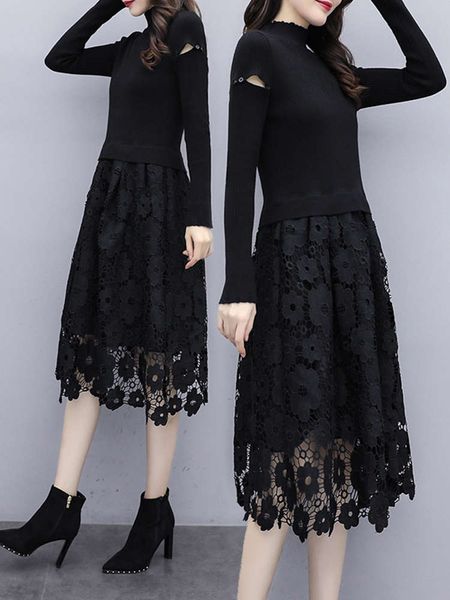 

wear 2021 new western style black long sleeve knitted lace fake two pieces medium length bottomed dress women's spring and, Black;gray