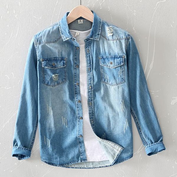 

men's casual shirts fashion clothes washed ripped retro long sleeve denim shirt korean style male handsome slim fit cowboys, White;black