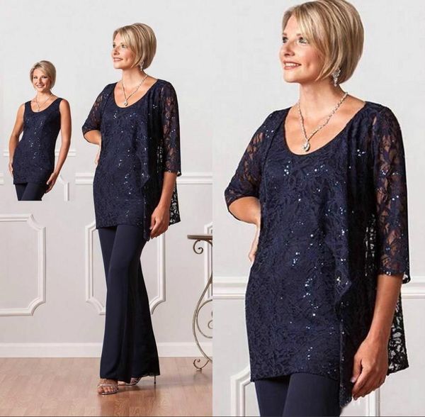 

vintage navy blue formal mother of bride groom pant blouse suits with jacket crew long sleevs new plus size evening dresses, Black;red