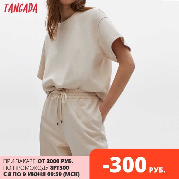 

tangada women tracksuit sets oversized crop suit 2 pieces sets short sleeve sweatshirt pants suits 6d54 210609, White