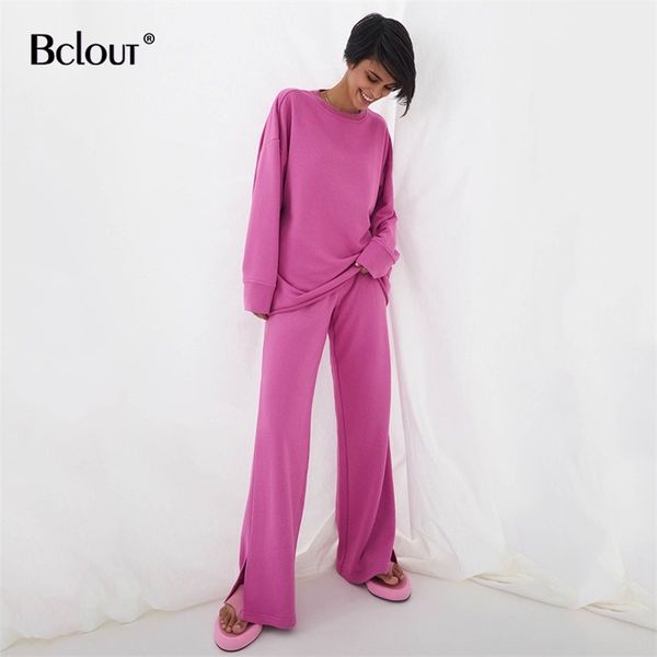 

bclout long sleeve sweatshirt slit pants casual 2 piece set women autumn o neck sweatshirt elastic waist trouser pink suits 210925, White