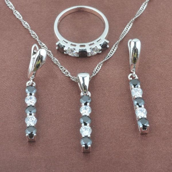 

earrings & necklace classic black white zircon women's silver color jewelry sets pendant ring tz0409