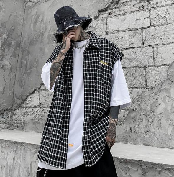 

men's vests japanese fashion sleeveless vest tide brand loose plaid cardigan singer costumes, Black;white