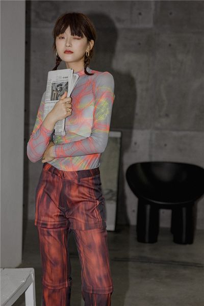 

2021 new aesthetic mesh long sleeve turtleneck t shirt women tshirt transparent abstract print see through r tee pq69, White