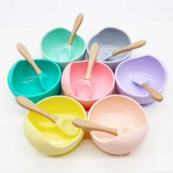 

baby silicone feeding bowl set tableware bpa childrens handle spoon food grade non-silp suction bowl set kids tableware
