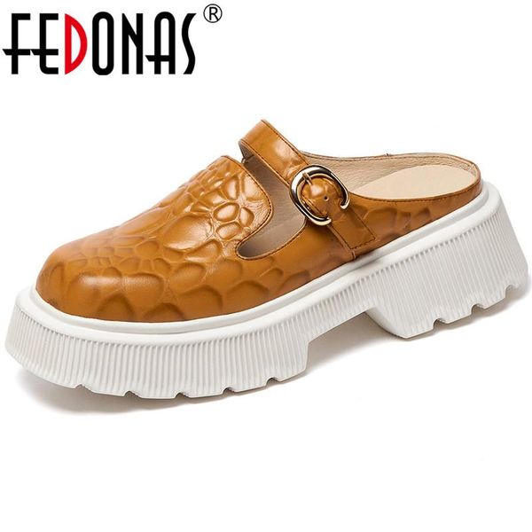 

sandals fedonas classic women mules metal decoration platform genuine leather flat shoes 2021 summer working casual woman, Black