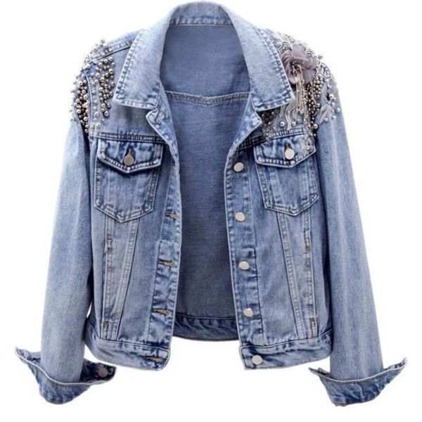 

women's jackets 2021 spring fashion beaded embroidery slim denim jacket long-sleeved short jeans coat women, Black;brown