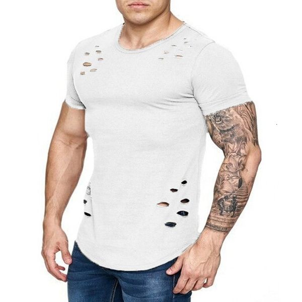 

fashion streetwear break hole men's t-shirt slim short sleeve t shirt casual solid color crew neck hip hop tshirt kg-577, White;black