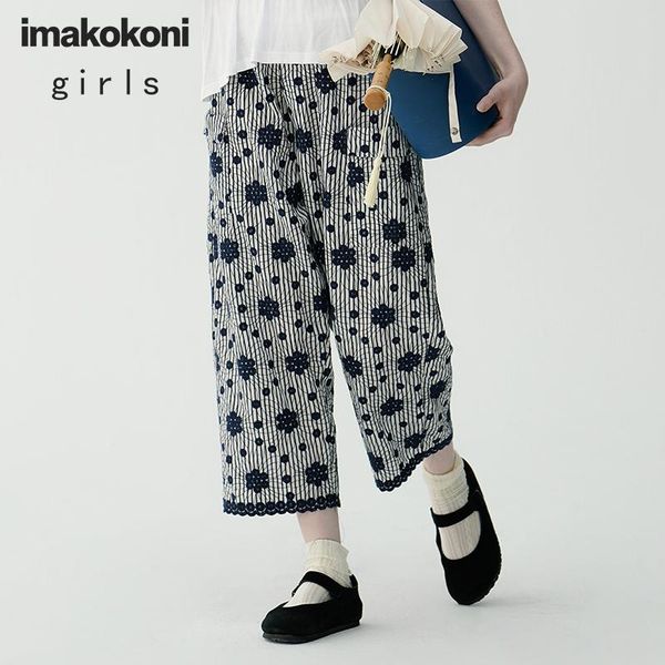 

women's pants & capris imakokoni original cotton striped embroidery loose straight nine-point wide-leg female summer thin section 21336, Black;white