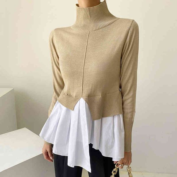 

women's sweaters [ewq] autumn temperament turtleneck pullover female design sense hem fake two-piece shirt knitted spliced irregular sw, White;black