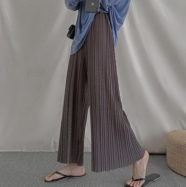 

women's pants & capris shiny high waist wide-leg women drape loose elastic band chiffon pleated long female spring summer, Black;white