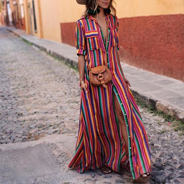 

casual dresses women maxi dress striped retro boho style 2021 autumn long shirt party female elegant plus size xxxl, Black;gray