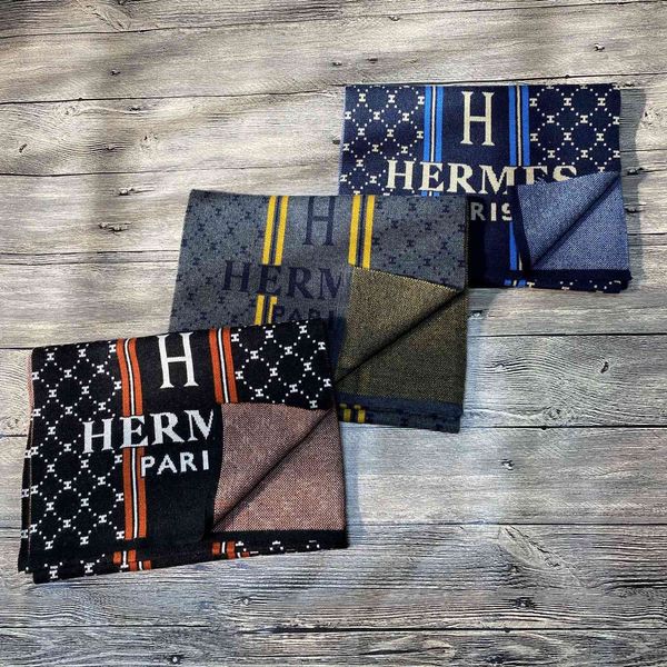 

2021 and winter new h letter carriage men's wool knitted warm thick fashion scarf bib, Blue;gray