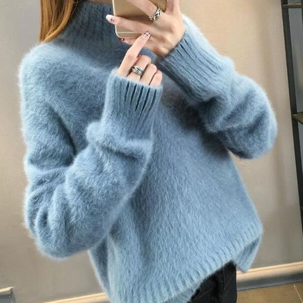 

women's sweaters winter fluffy sweater women pullover loose thick white turtleneck woman knitted 2021, White;black