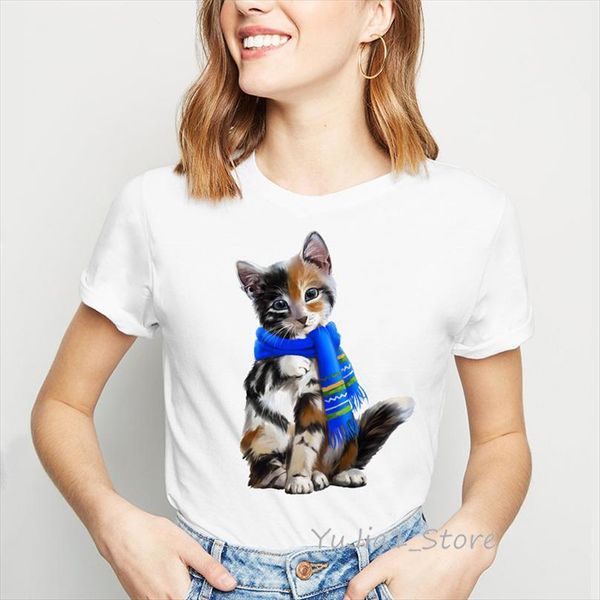 

cat wearing a scarf men t shirts and womens print femme summer women animal femen womenina vintage funny, White;black