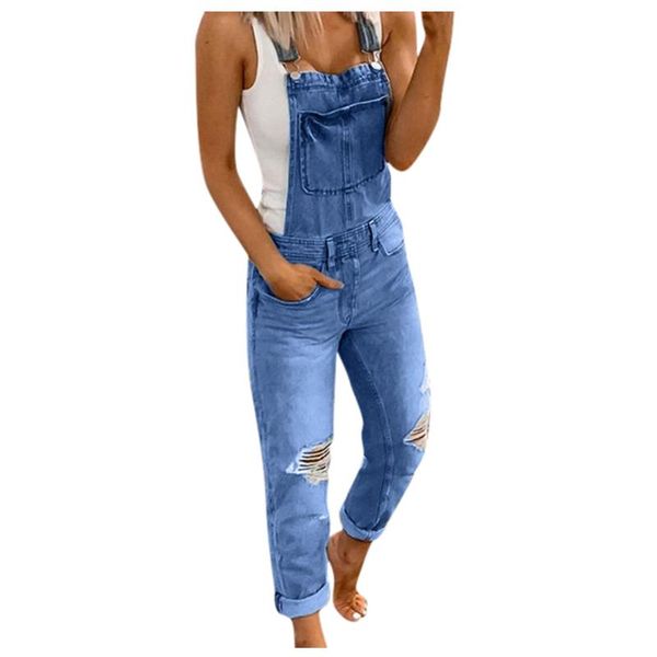 

women's jeans washed denim bib overalls casual ripped jumpsuits rompers, Blue